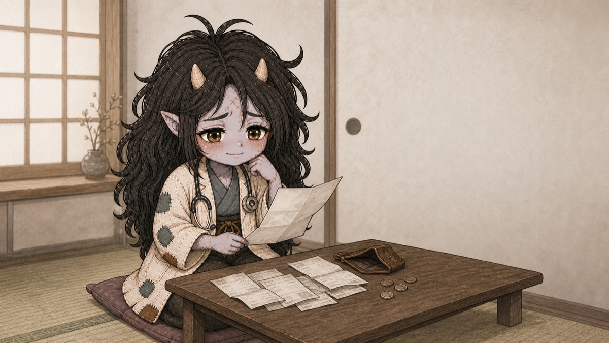 ちゃぶ台に広げた請求書を見つめるびんぼー医