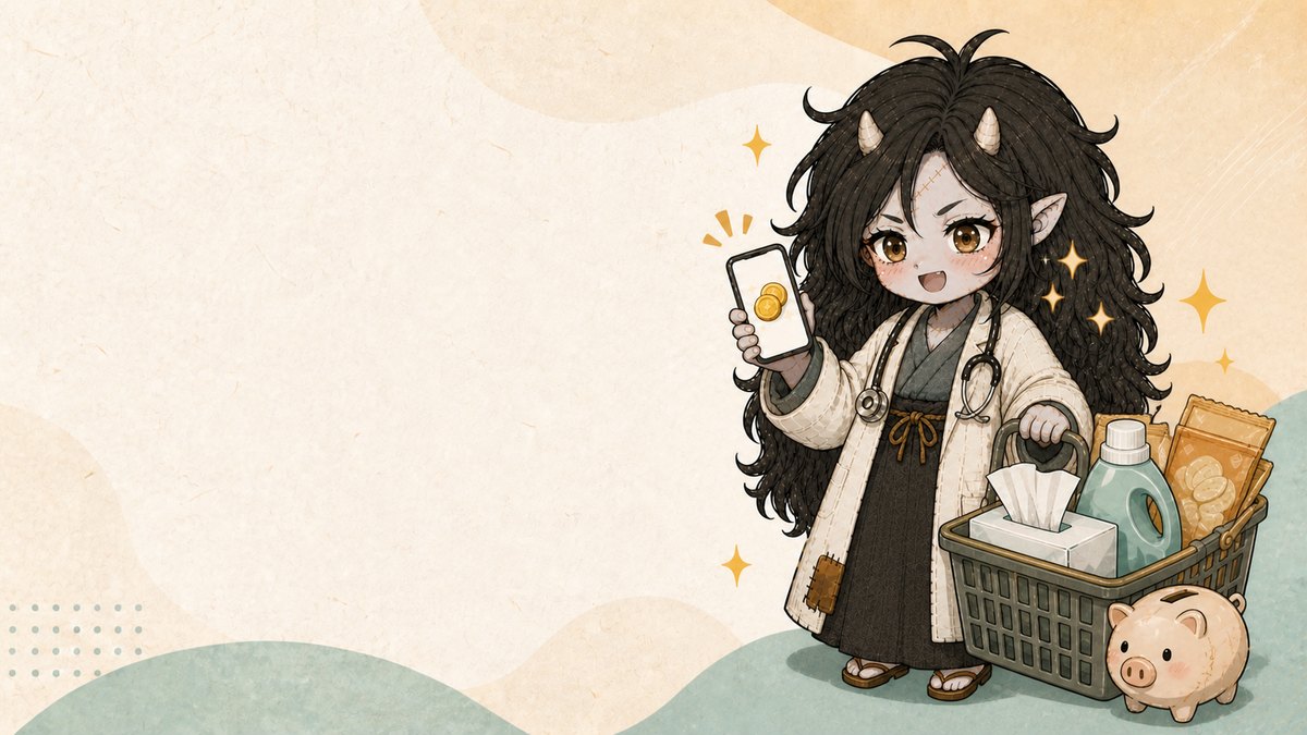 スマートフォンでポイントを見せながら、日用品の入ったカゴと貯金箱の横に立つ女性医師のイラスト
