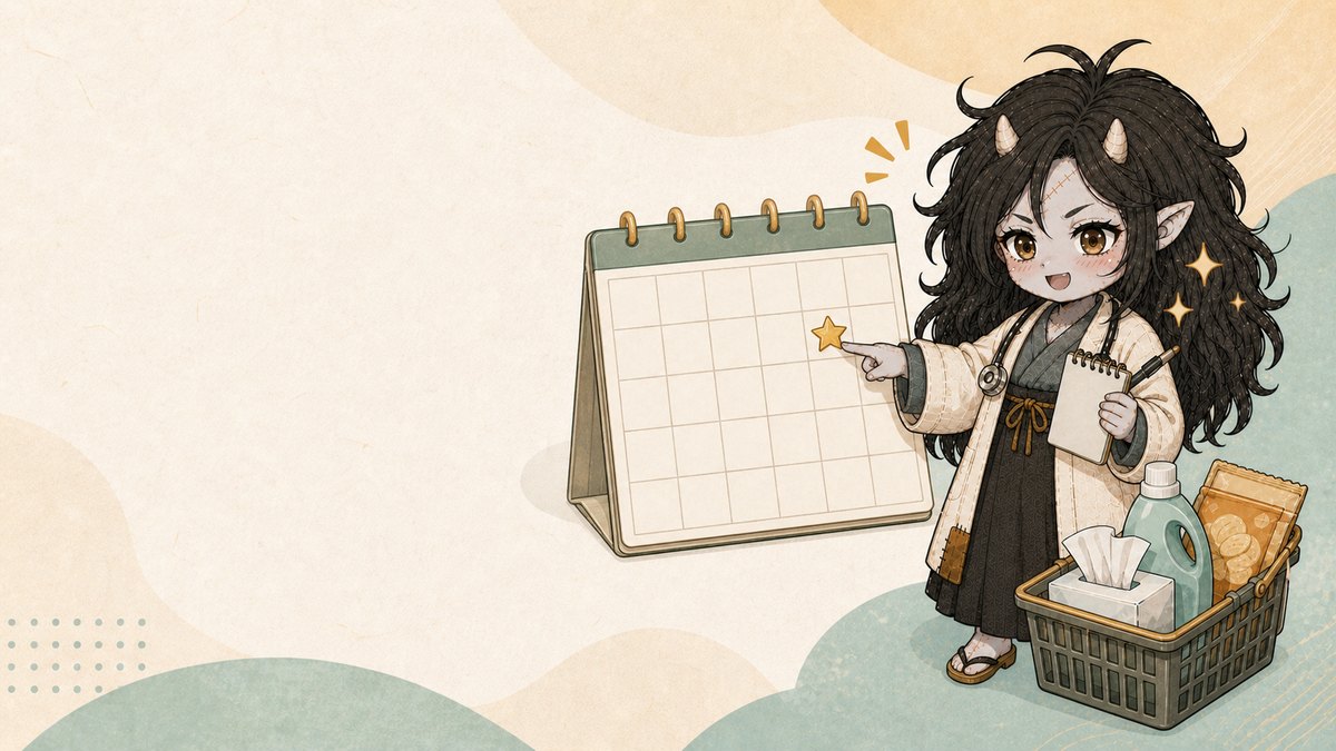 カレンダーの20日に印をつけ、買い物メモとカゴを用意している女性医師のイラスト