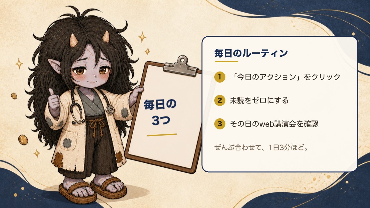 毎日のルーティン：1 今日のアクションをクリック、2 未読をゼロにする、3 その日のweb講演会を確認。ぜんぶ合わせて1日3分ほど